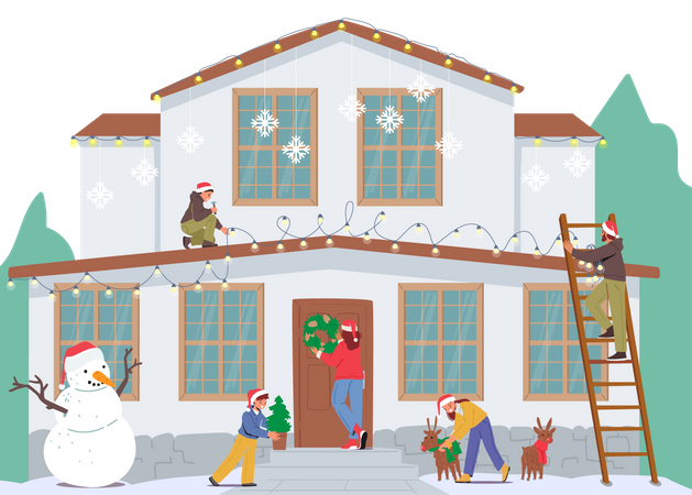 Family decorating house during christmas Illustration