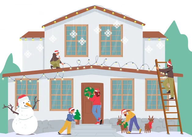 Happy Family Decorate House For Christmas Celebration Parents And Kids Hang Garland Festive Wreath On Home Door Put Fir Tree In Pot And Reindeer Statues In The Yard Cartoon Vector Illustration Illustration