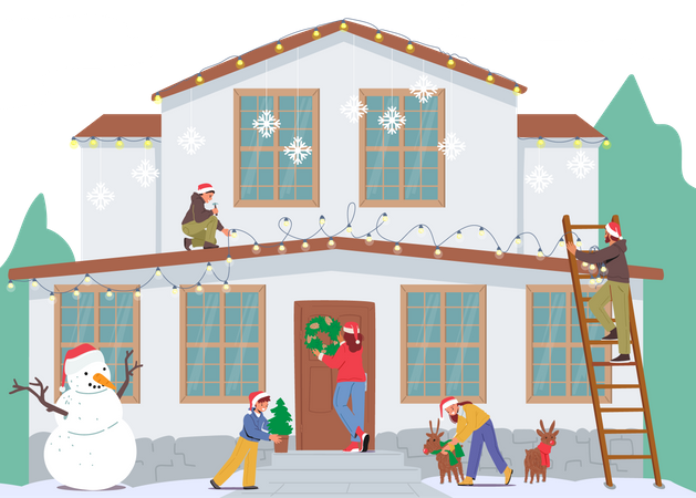 Family decorating house during christmas  Illustration