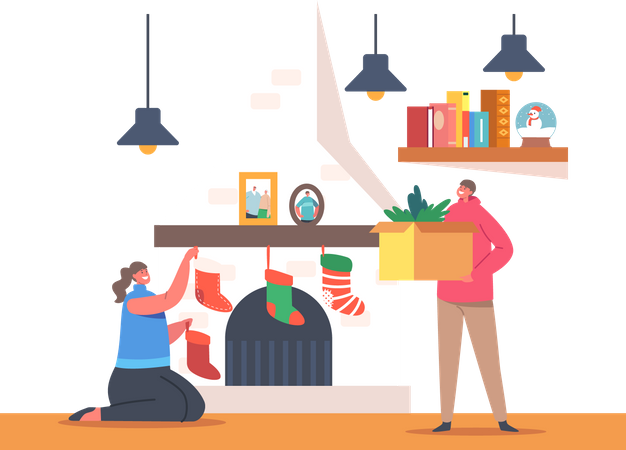 Family Decorating House on Christmas  Illustration