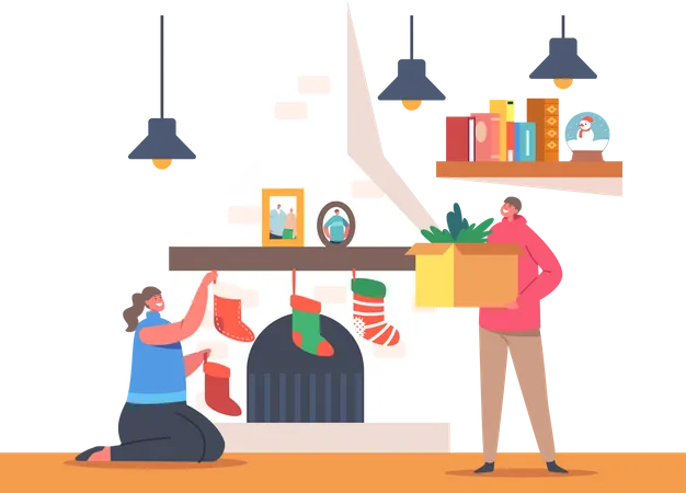 Family Decorating House on Christmas  Illustration