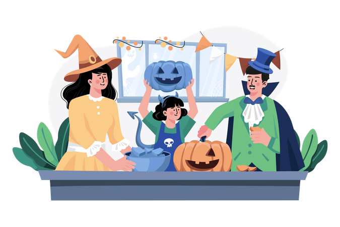 Family decorating pumpkin for Halloween Illustration
