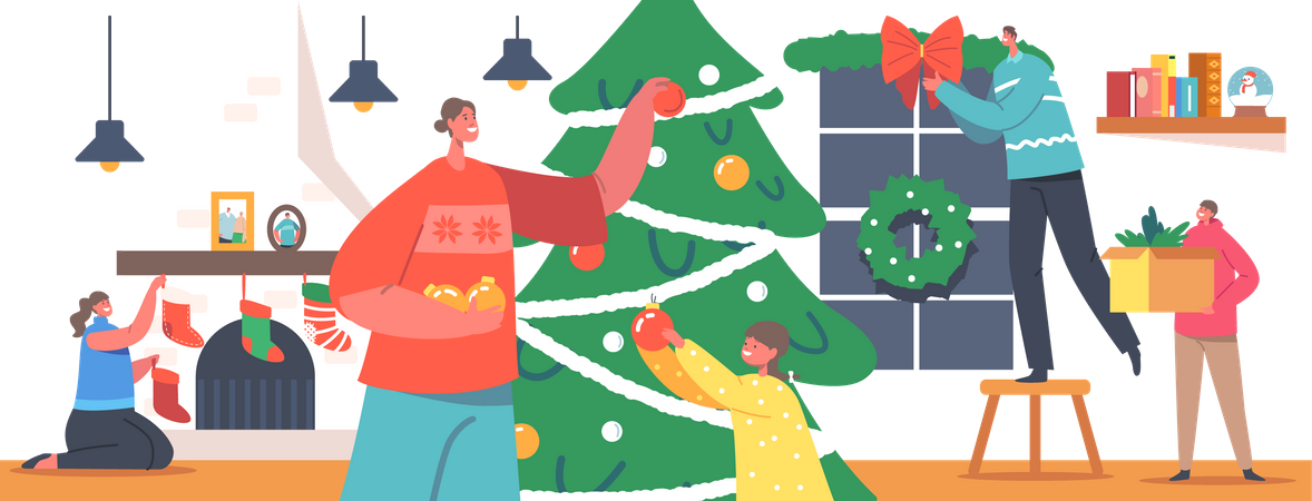 Family Decorating Room for Christmas Illustration