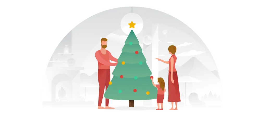 Family Decorating The Christmas Tree  Illustration