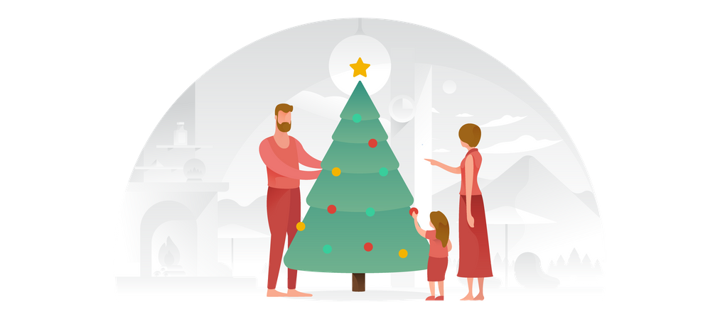 Family Decorating The Christmas Tree  Illustration