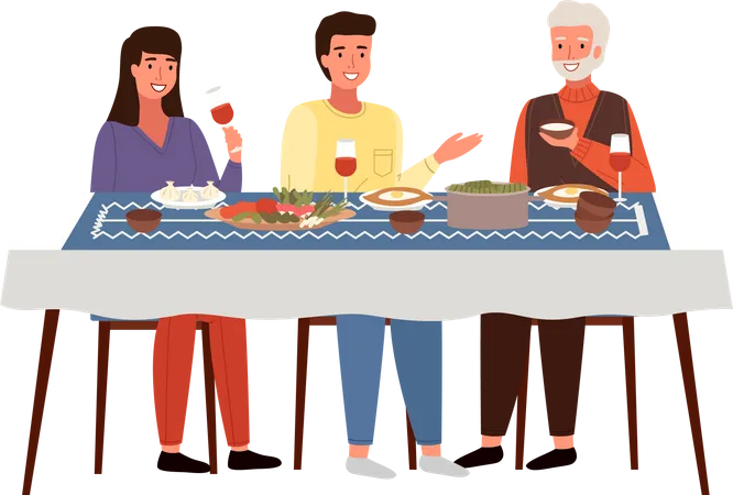 The Family Dines With Georgien Style Food Georgians At Dinner Isolated On White Background Relatives Eat Traditional Dishes Table With Khinkali And Adjarian Khachapuri Vector Illustration Illustration