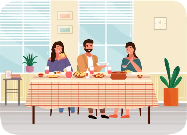 Group Of People Family Or Friends Dining Together At Home Characters Eating Mexican Cuisine Dishes Dining Table With Tacos And Burritos Arrangement Of Furniture Family With Mexican Food On Table Illustration