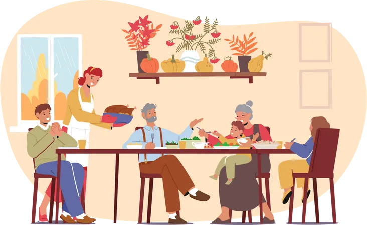 Close Knit Family Characters Gathers Around A Festively Table Sharing Laughter Gratitude And A Delicious Thanksgiving Feast Creating Cherished Memories Together Cartoon People Vector Illustration Illustration