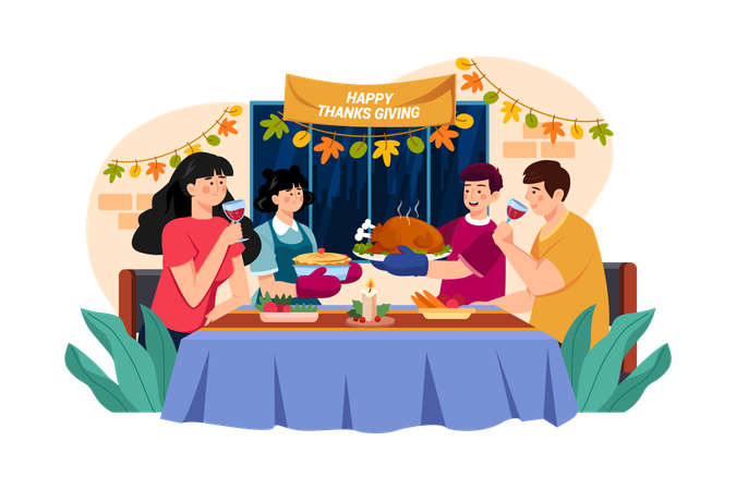 Family Dinner Together On Thanksgiving Day Illustration