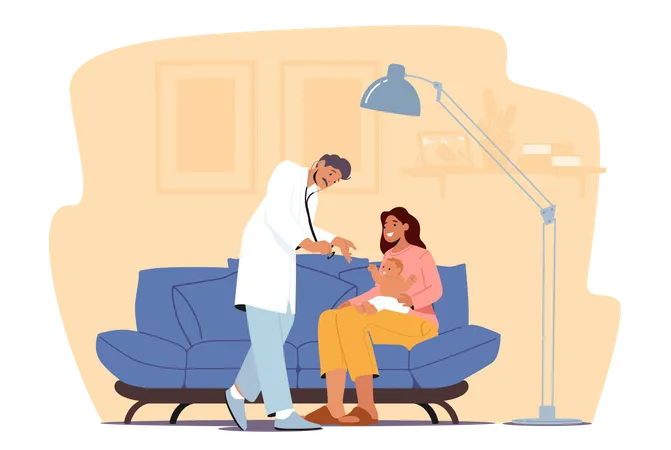 Family Doctor Visit Baby For Checkup At Home  Illustration