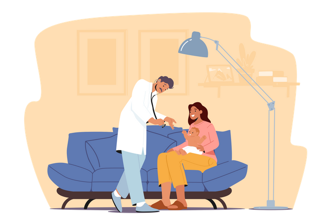 Family Doctor Visit Baby For Checkup At Home  Illustration