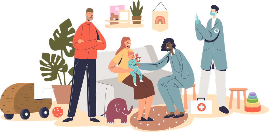 Family doctor visiting at home  イラスト