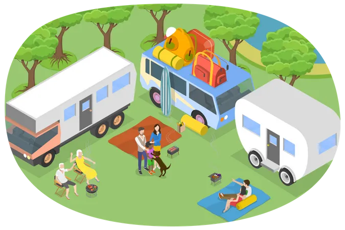 3 D Isometric Flat Vector Conceptual Illustration Of Caravan Camping Camp For Recreational Vehicles Illustration