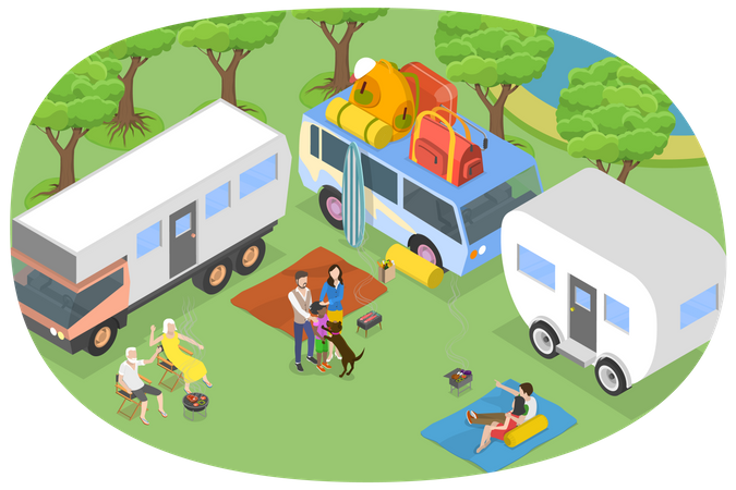 Family doing camping in forest  Illustration