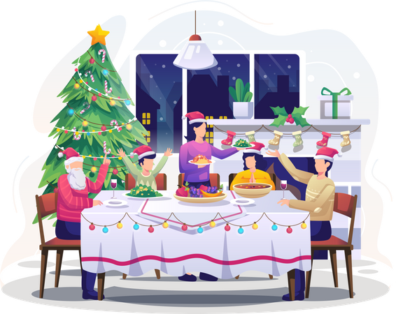 Family doing Christmas dinner  Illustration