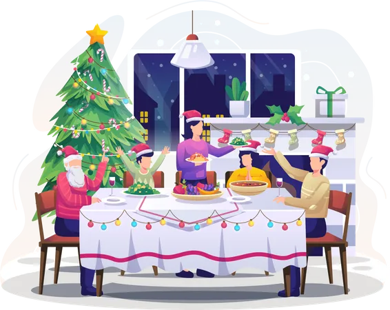 Family doing Christmas dinner Illustration