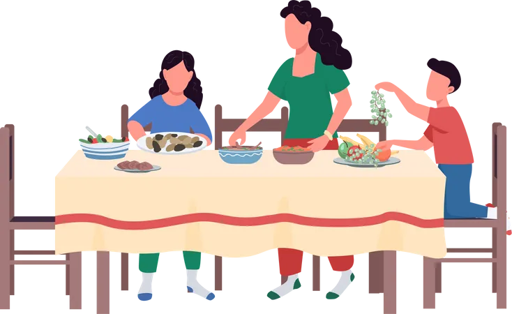 Family Preparing Feast Semi Flat Color Vector Characters Interacting Figures People On White Serving Food On Table Isolated Modern Cartoon Style Illustration For Graphic Design And Animation Illustration
