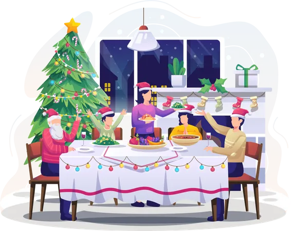 Family doing Christmas dinner  Illustration