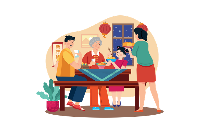 Family doing dinner on Chinese New Year Illustration