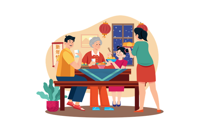 Family doing dinner on Chinese New Year  Illustration