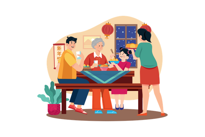 Family doing dinner on Chinese New Year  일러스트레이션
