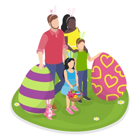 3 D Isometric Flat Vector Illustration Of Family Easter Celebration Holiday Scene Illustration