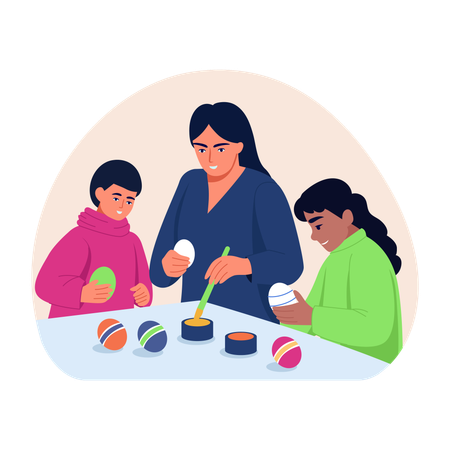 Family doing egg painting  Illustration