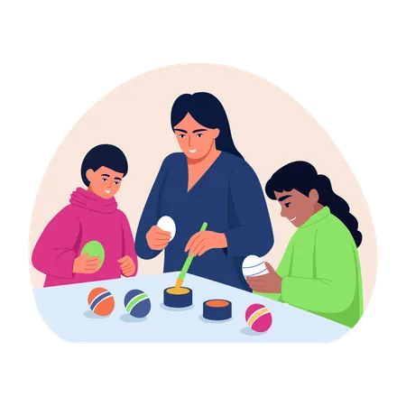 Family doing egg painting  Illustration