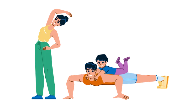 Family doing exercise together  イラスト