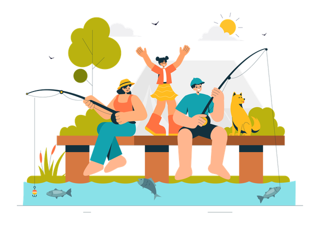 Family Doing Fishing  Illustration