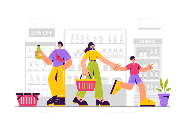 Family doing Grocery Shopping  Illustration