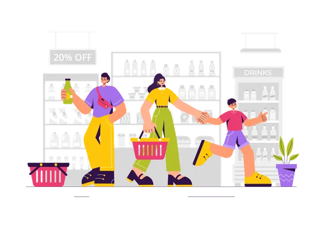 Family doing Grocery Shopping  Illustration