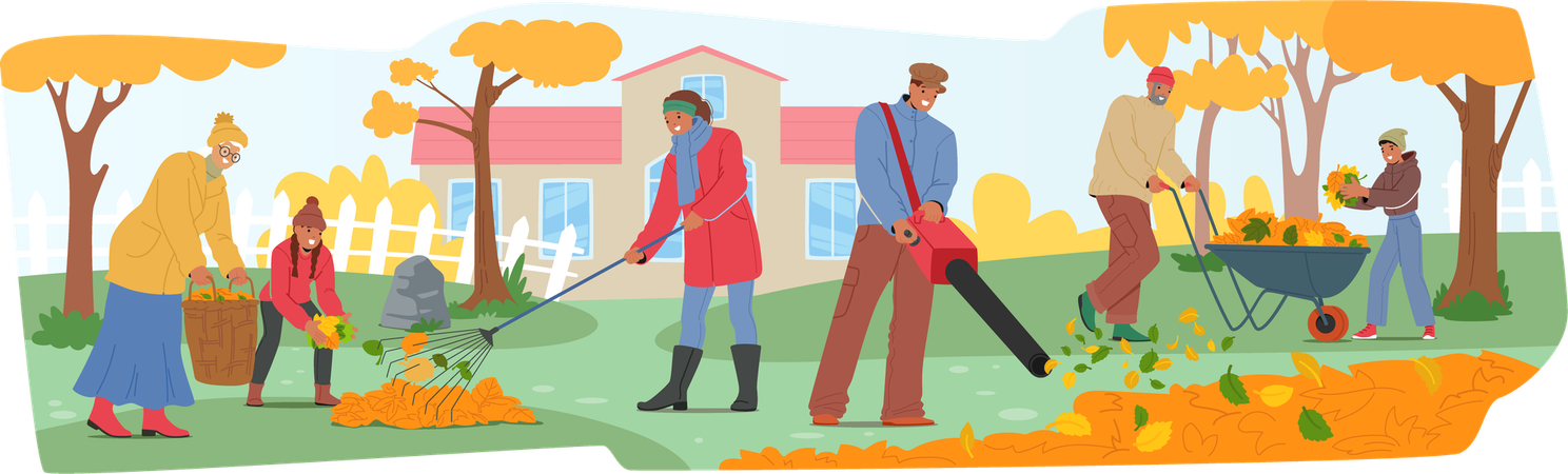 Family doing Raking And Collecting Autumn Leaves In Backyard  Illustration