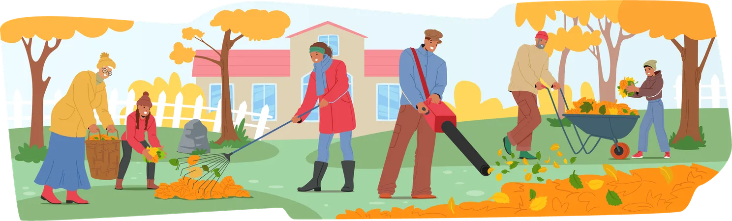 Family doing Raking And Collecting Autumn Leaves In Backyard  Illustration