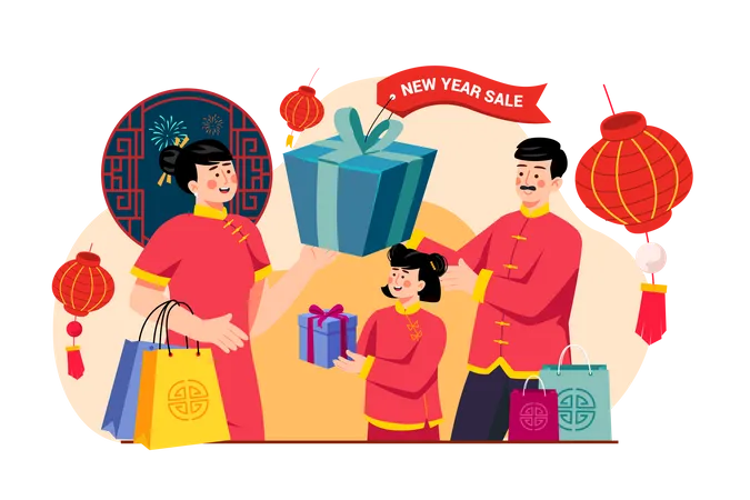 Family doing shopping during Chinese new year sale  Illustration