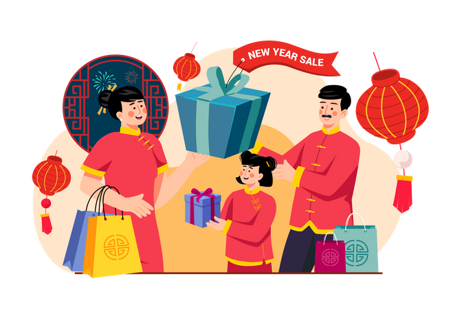 Family doing shopping during Chinese new year sale  Illustration