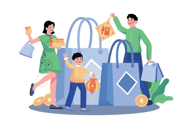 Family doing shopping for Chinese New Year  Illustration