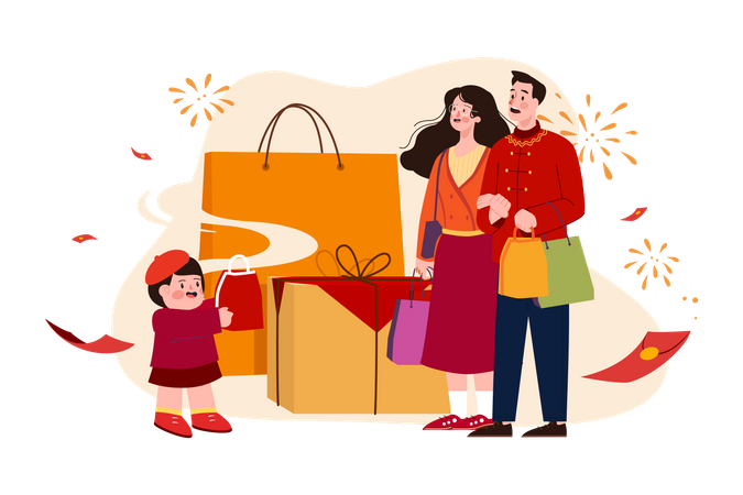 Family doing shopping on Chinese New Year Illustration
