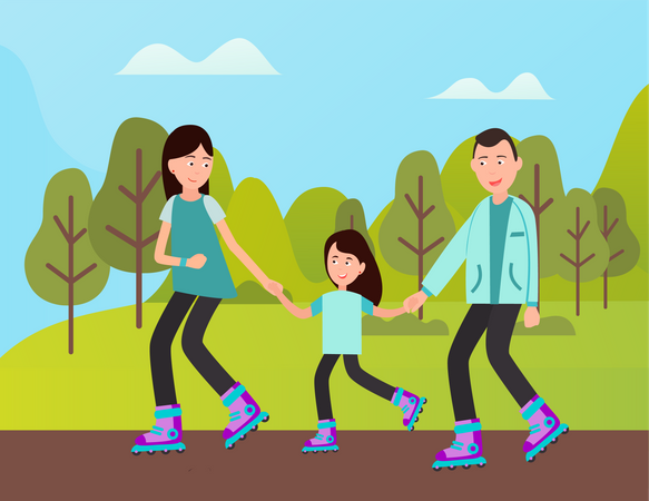 Family doing skating in park  Illustration