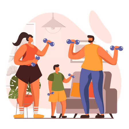 Family doing weightlifting Illustration
