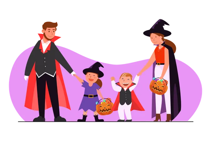 Family dressed in Halloween costume going to party Illustration