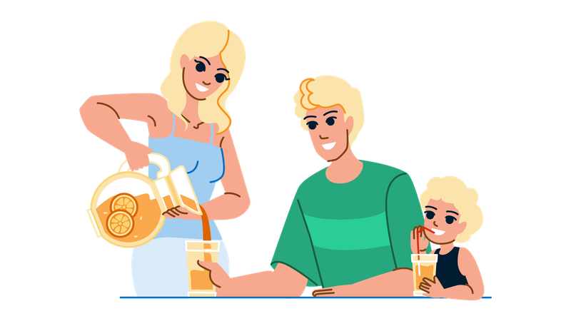 Family drinking orange juice  イラスト
