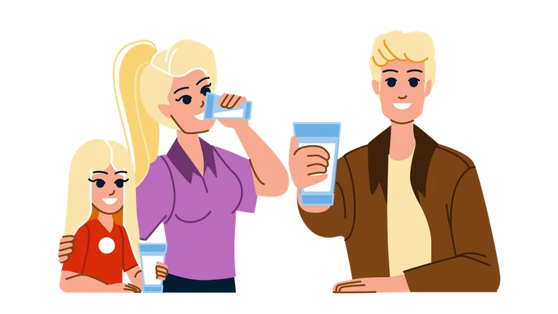 Family Drinking Water Vector Child Mother Healthy Drink Glass Kitchen Home Girl Woman Happy Lifestyle Family Drinking Water Character People Flat Cartoon Illustration Illustration