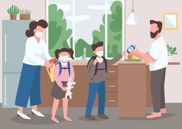 Family During Quarantine Flat Color Vector Illustration Parents And Kids In Medical Masks Mom And Dad Help Children Before School Relatives 2 D Cartoon Characters With Interior On Background Illustration