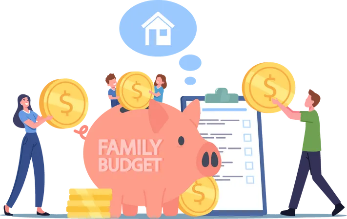 Family Earn and Save Money Illustration