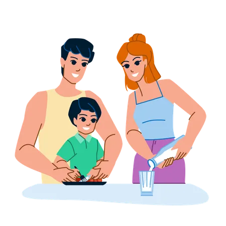 Family Eating Breakfast Vector Father Child Morning Food Together Mother Parent Kitchen Table Home Man Smiling Happy Boy Son Family Eating Breakfast Character People Flat Cartoon Illustration Illustration
