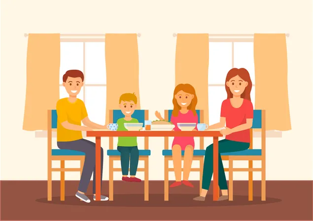 Family eating different food at home  Illustration