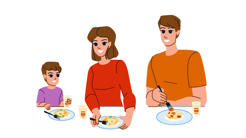 Family Eating Dinner Vector Dinner Lunch Food Happy Together Child Mother Eating Home Meal Father Man Woman Female Young Family Eating Dinner Character People Flat Cartoon Illustration Illustration