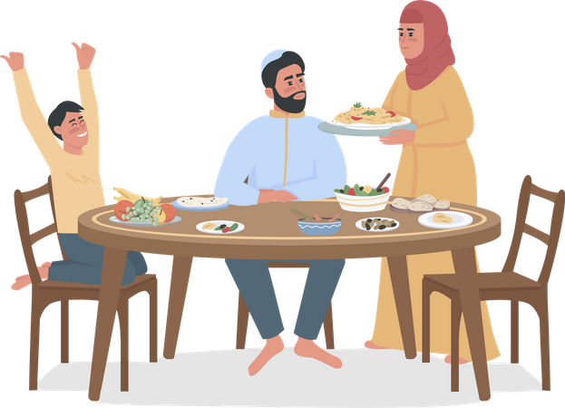 Family eating dinner together Illustration