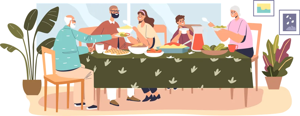 Family eating dinner together  Illustration